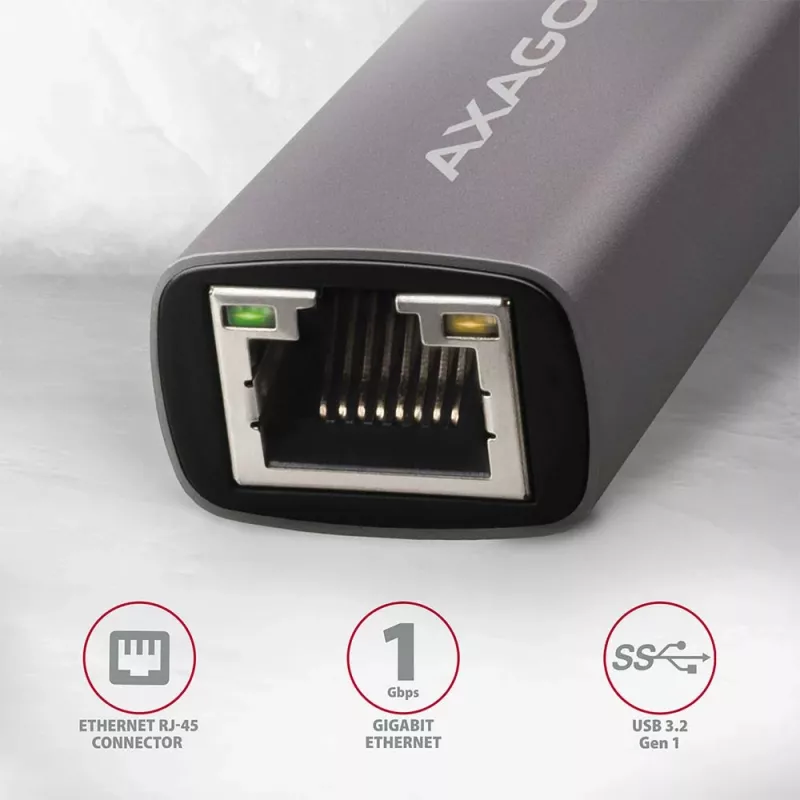 Adaptador USB 3.2 Gen 1 Type-A para Gigabit Ethernet AXAGON ADE-TR — 10/100/1000 Mbps, metal titânio cinzento, 5000 Mbit/s