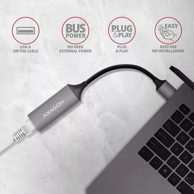 Adaptador USB 3.2 Gen 1 Type-A para Gigabit Ethernet AXAGON ADE-TR — 10/100/1000 Mbps, metal titânio cinzento, 5000 Mbit/s