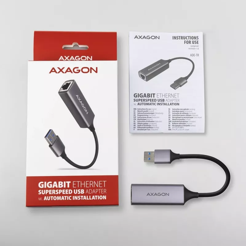 Adaptador USB 3.2 Gen 1 Type-A para Gigabit Ethernet AXAGON ADE-TR — 10/100/1000 Mbps, metal titânio cinzento, 5000 Mbit/s