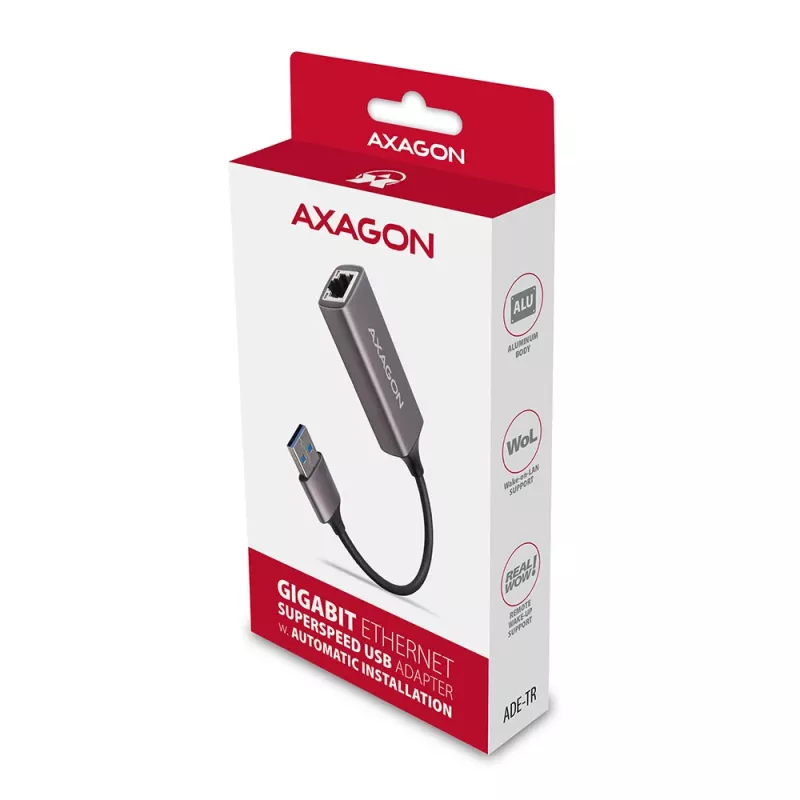 Adaptador USB 3.2 Gen 1 Type-A para Gigabit Ethernet AXAGON ADE-TR — 10/100/1000 Mbps, metal titânio cinzento, 5000 Mbit/s
