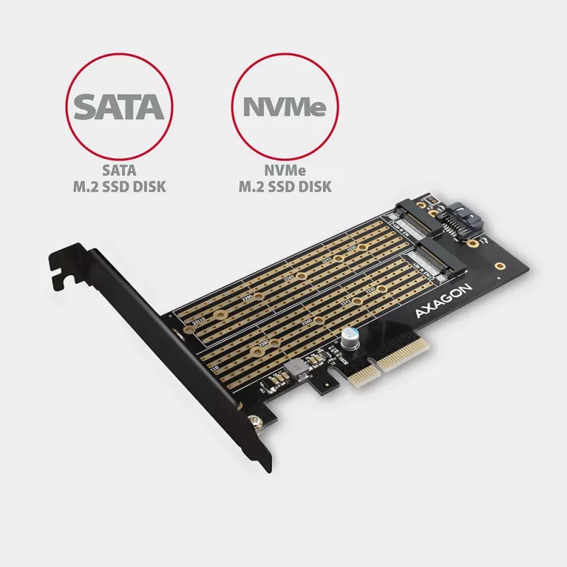 Axagon PCEM2-D PCIe x4 - adaptador para slot M.2 NVMe M-Key + SATA B-Key com SP & LP