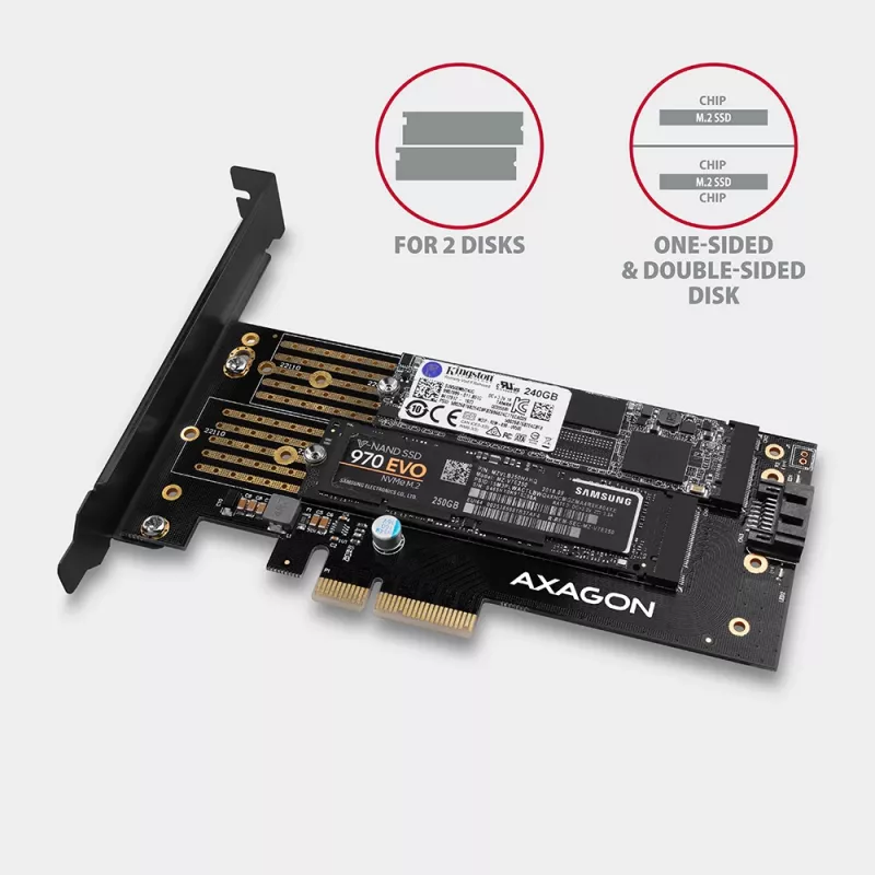 Axagon PCEM2-D PCIe x4 - adaptador para slot M.2 NVMe M-Key + SATA B-Key com SP & LP