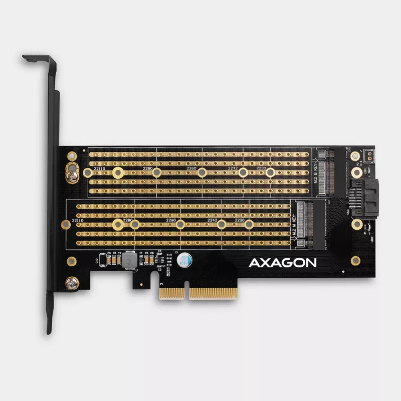 Axagon PCEM2-D PCIe x4 - adaptador para slot M.2 NVMe M-Key + SATA B-Key com SP & LP