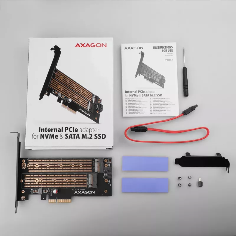 Axagon PCEM2-D PCIe x4 - adaptador para slot M.2 NVMe M-Key + SATA B-Key com SP & LP