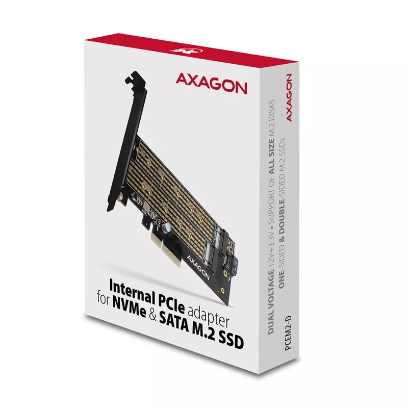 Axagon PCEM2-D PCIe x4 - adaptador para slot M.2 NVMe M-Key + SATA B-Key com SP & LP