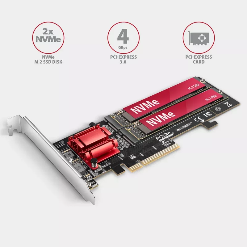 Axagon PCEM2-ND PCIe x8 - adaptador duplo para slot M.2 NVMe M-Key, RAID, dataswitch, com SP & LP