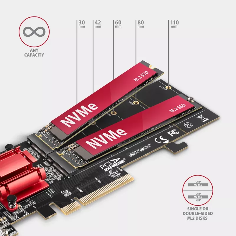 Axagon PCEM2-ND PCIe x8 - adaptador duplo para slot M.2 NVMe M-Key, RAID, dataswitch, com SP & LP