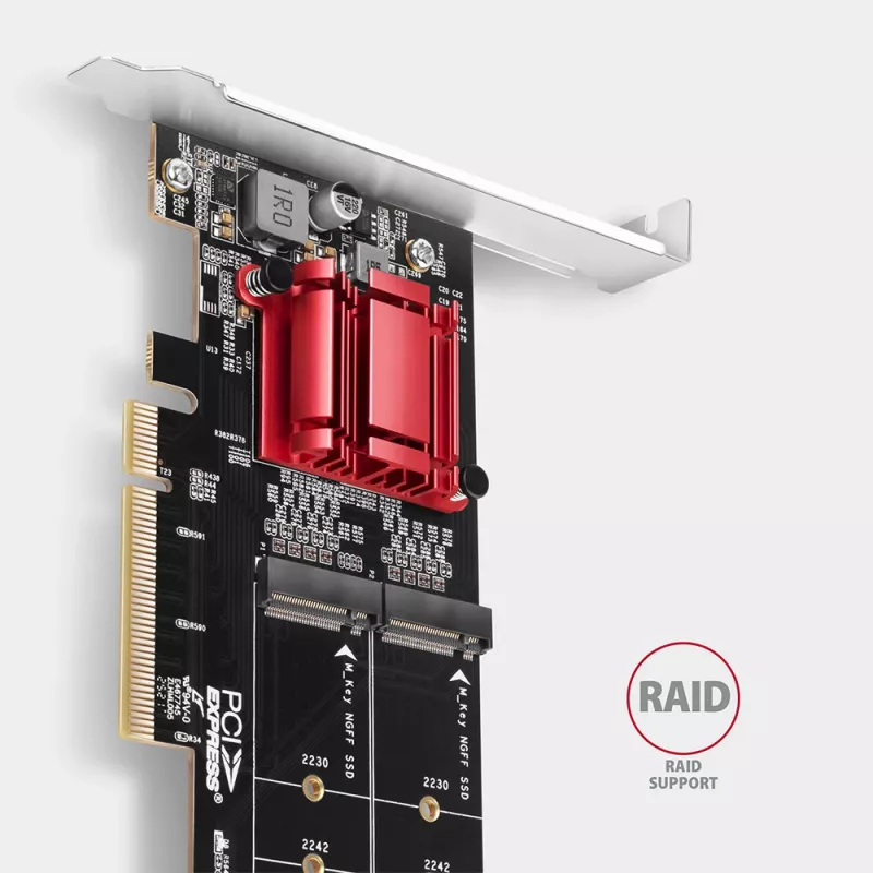 Axagon PCEM2-ND PCIe x8 - adaptador duplo para slot M.2 NVMe M-Key, RAID, dataswitch, com SP & LP