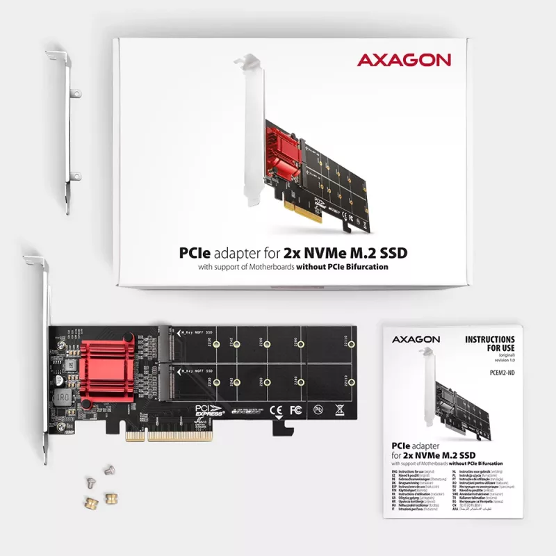 Axagon PCEM2-ND PCIe x8 - adaptador duplo para slot M.2 NVMe M-Key, RAID, dataswitch, com SP & LP