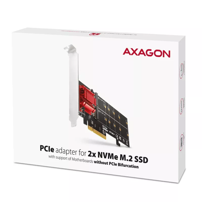 Axagon PCEM2-ND PCIe x8 - adaptador duplo para slot M.2 NVMe M-Key, RAID, dataswitch, com SP & LP