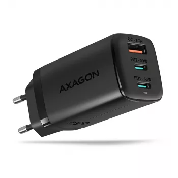 Carregador de parede GaN Axagon ACU-DPQ65 65W, 3 portas (USB-A + duplo USB-C), PD3.0/QC4+/PPS/Apple
