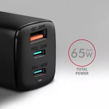 Carregador de parede GaN Axagon ACU-DPQ65 65W, 3 portas (USB-A + duplo USB-C), PD3.0/QC4+/PPS/Apple