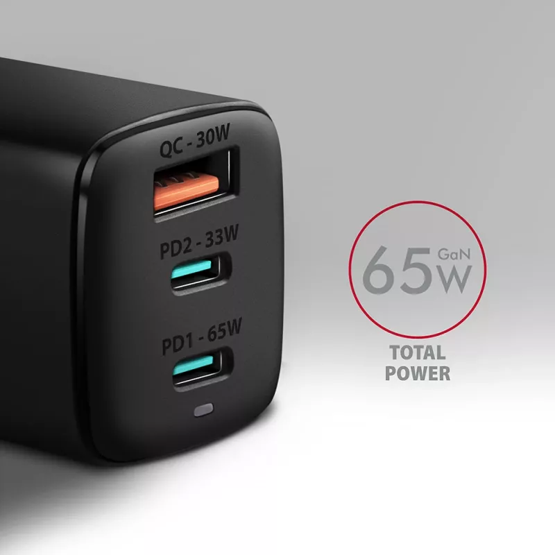 Carregador de parede GaN Axagon ACU-DPQ65 65W, 3 portas (USB-A + duplo USB-C), PD3.0/QC4+/PPS/Apple