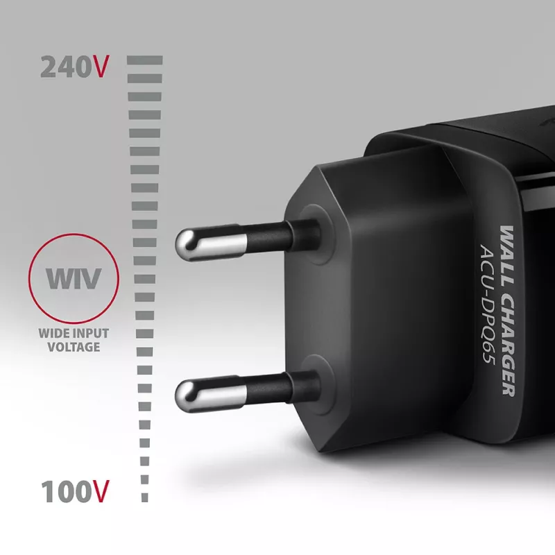 Carregador de parede GaN Axagon ACU-DPQ65 65W, 3 portas (USB-A + duplo USB-C), PD3.0/QC4+/PPS/Apple