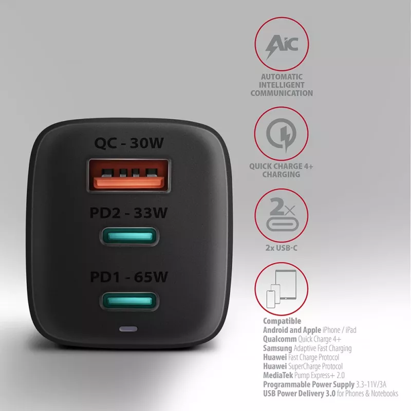 Carregador de parede GaN Axagon ACU-DPQ65 65W, 3 portas (USB-A + duplo USB-C), PD3.0/QC4+/PPS/Apple