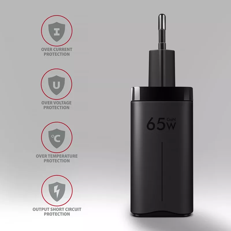 Carregador de parede GaN Axagon ACU-DPQ65 65W, 3 portas (USB-A + duplo USB-C), PD3.0/QC4+/PPS/Apple