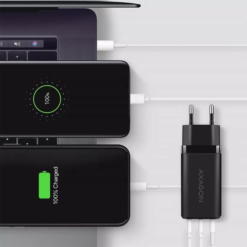 Carregador de parede GaN Axagon ACU-DPQ65 65W, 3 portas (USB-A + duplo USB-C), PD3.0/QC4+/PPS/Apple