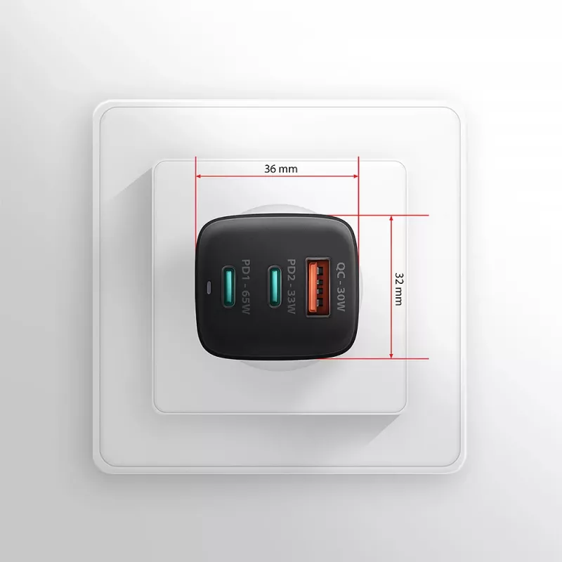 Carregador de parede GaN Axagon ACU-DPQ65 65W, 3 portas (USB-A + duplo USB-C), PD3.0/QC4+/PPS/Apple