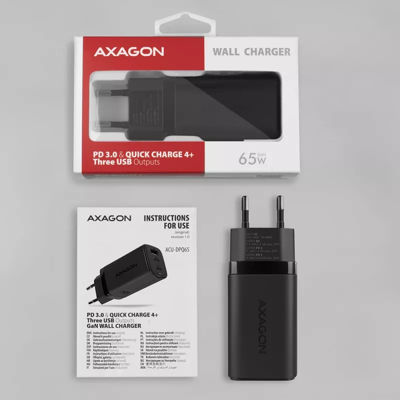 Carregador de parede GaN Axagon ACU-DPQ65 65W, 3 portas (USB-A + duplo USB-C), PD3.0/QC4+/PPS/Apple
