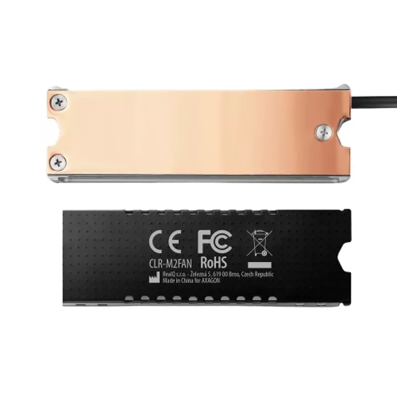 Axagon CLR-M2FAN Dissipador de cobre com ventoinha para unidades M.2-SSD de um e dois lados, tamanho 2280, altura 13 mm.