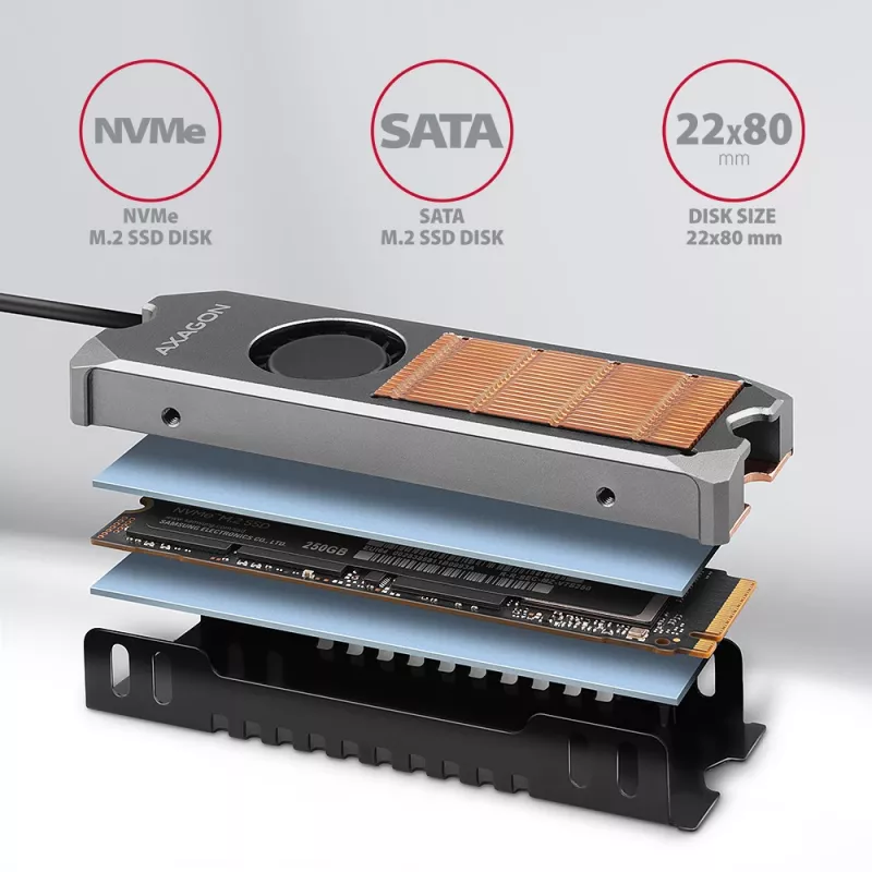 Axagon CLR-M2FAN Dissipador de cobre com ventoinha para unidades M.2-SSD de um e dois lados, tamanho 2280, altura 13 mm.