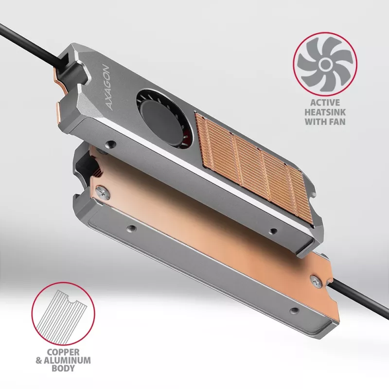 Axagon CLR-M2FAN Dissipador de cobre com ventoinha para unidades M.2-SSD de um e dois lados, tamanho 2280, altura 13 mm.