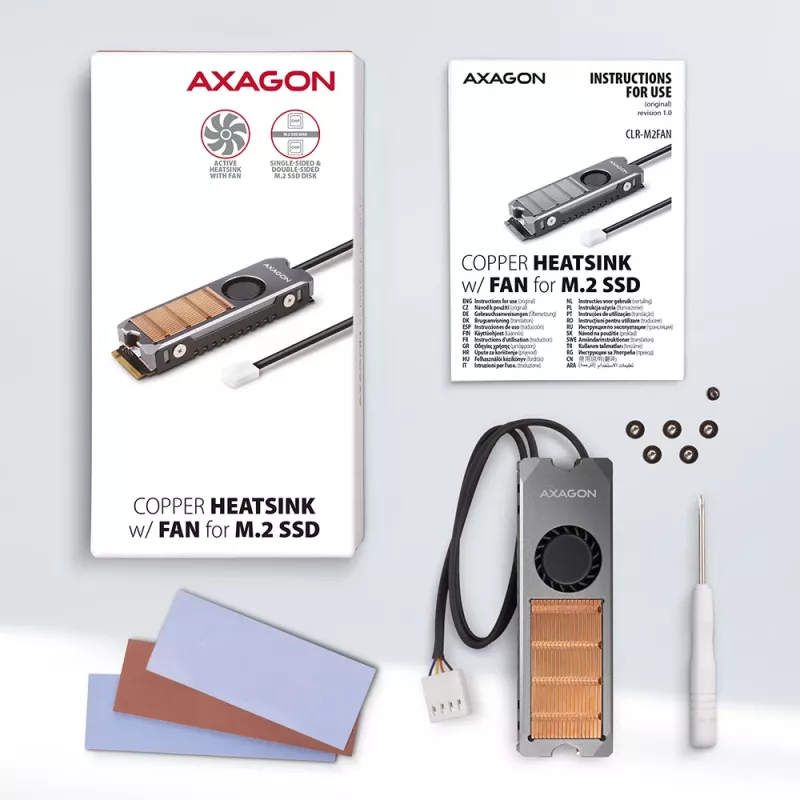 Axagon CLR-M2FAN Dissipador de cobre com ventoinha para unidades M.2-SSD de um e dois lados, tamanho 2280, altura 13 mm.