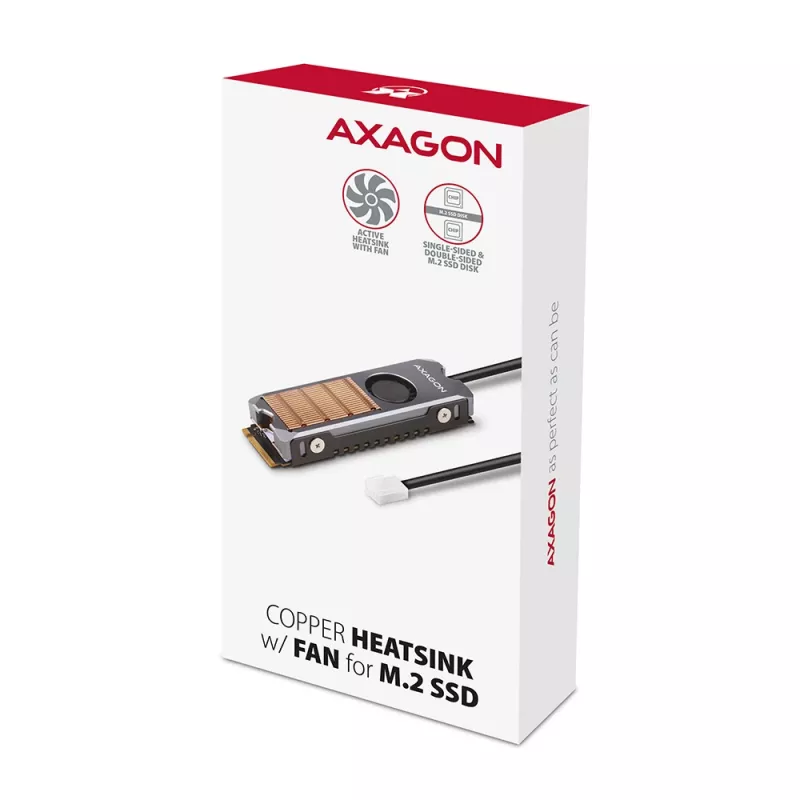 Axagon CLR-M2FAN Dissipador de cobre com ventoinha para unidades M.2-SSD de um e dois lados, tamanho 2280, altura 13 mm.