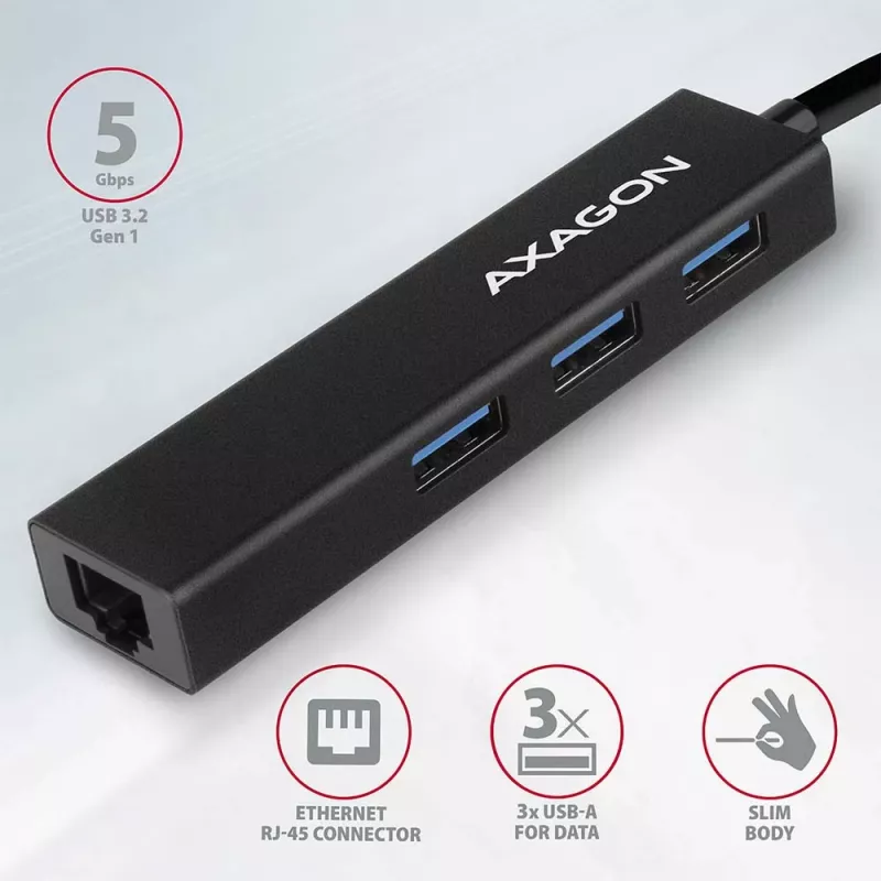 Hub multiporta Axagon HMA-GL3A USB 3.0 Type-A Gbit-LAN 3x USB-A microSD com fio USB 3.2 Gen 1 (3.1 Gen 1) Type-A preto