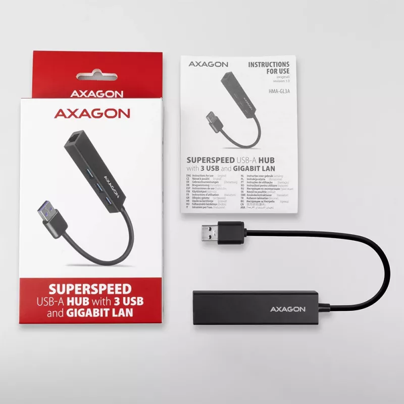 Hub multiporta Axagon HMA-GL3A USB 3.0 Type-A Gbit-LAN 3x USB-A microSD com fio USB 3.2 Gen 1 (3.1 Gen 1) Type-A preto