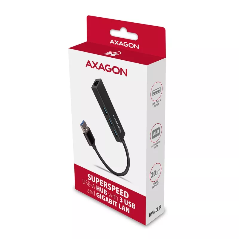 Hub multiporta Axagon HMA-GL3A USB 3.0 Type-A Gbit-LAN 3x USB-A microSD com fio USB 3.2 Gen 1 (3.1 Gen 1) Type-A preto