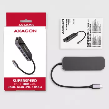 Hub Axagon HMC-6GL USB 3.2 Gen 1, 3x USB-A, HDMI 4K/30Hz, RJ-45, PD 100W, cabo USB-C de 20 cm