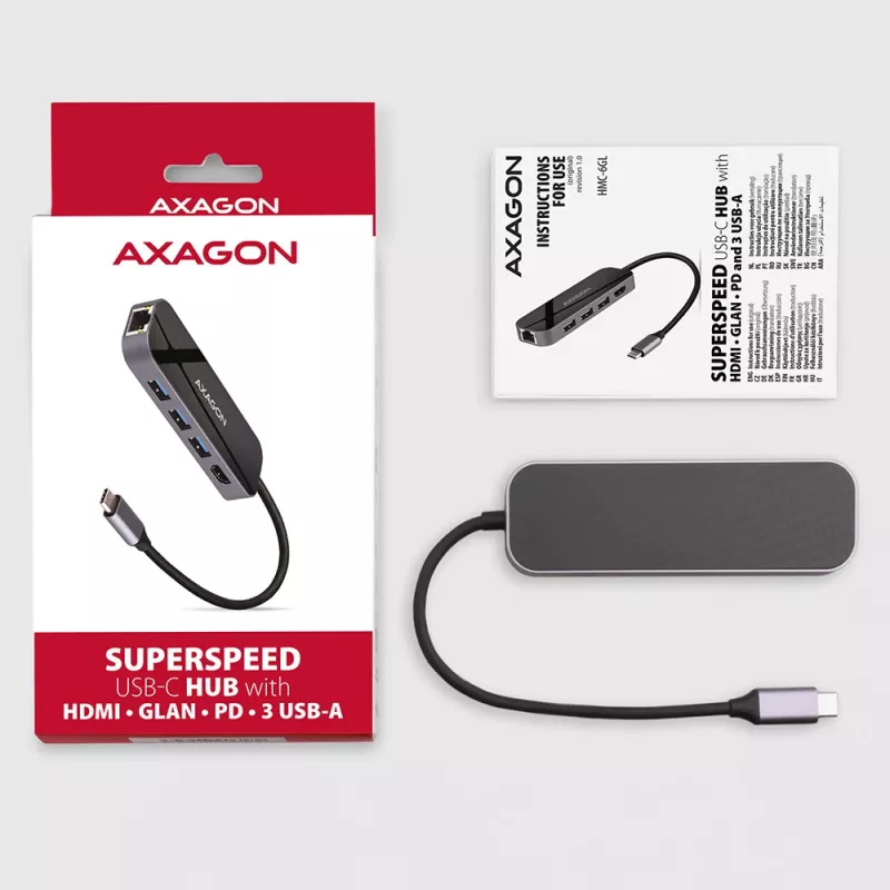 Hub Axagon HMC-6GL USB 3.2 Gen 1, 3x USB-A, HDMI 4K/30Hz, RJ-45, PD 100W, cabo USB-C de 20 cm