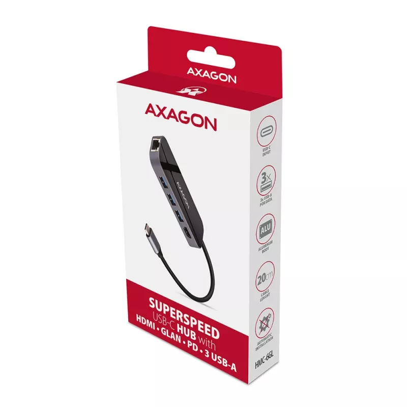 Hub Axagon HMC-6GL USB 3.2 Gen 1, 3x USB-A, HDMI 4K/30Hz, RJ-45, PD 100W, cabo USB-C de 20 cm