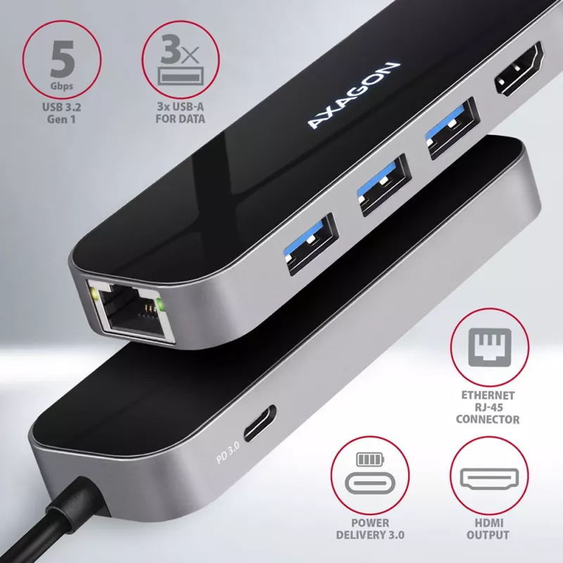 Hub Axagon HMC-6GL USB 3.2 Gen 1, 3x USB-A, HDMI 4K/30Hz, RJ-45, PD 100W, cabo USB-C de 20 cm