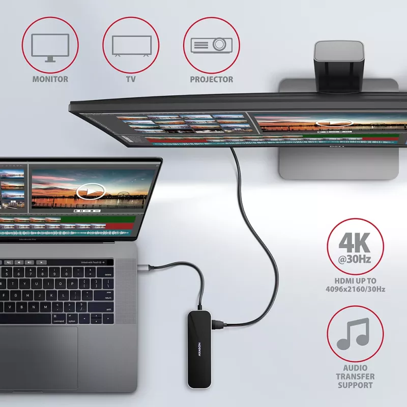 Hub Axagon HMC-6GL USB 3.2 Gen 1, 3x USB-A, HDMI 4K/30Hz, RJ-45, PD 100W, cabo USB-C de 20 cm