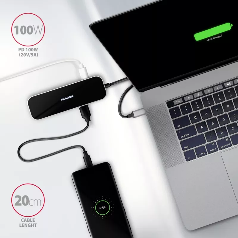 Hub Axagon HMC-6GL USB 3.2 Gen 1, 3x USB-A, HDMI 4K/30Hz, RJ-45, PD 100W, cabo USB-C de 20 cm