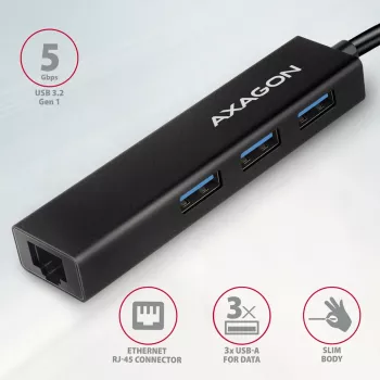 Hub USB-C Axagon HMC-GL3A 3x USB-A Gbit-LAN preto