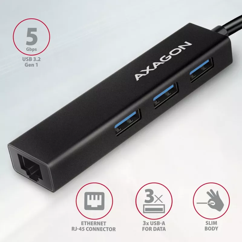 Hub USB-C Axagon HMC-GL3A 3x USB-A Gbit-LAN preto