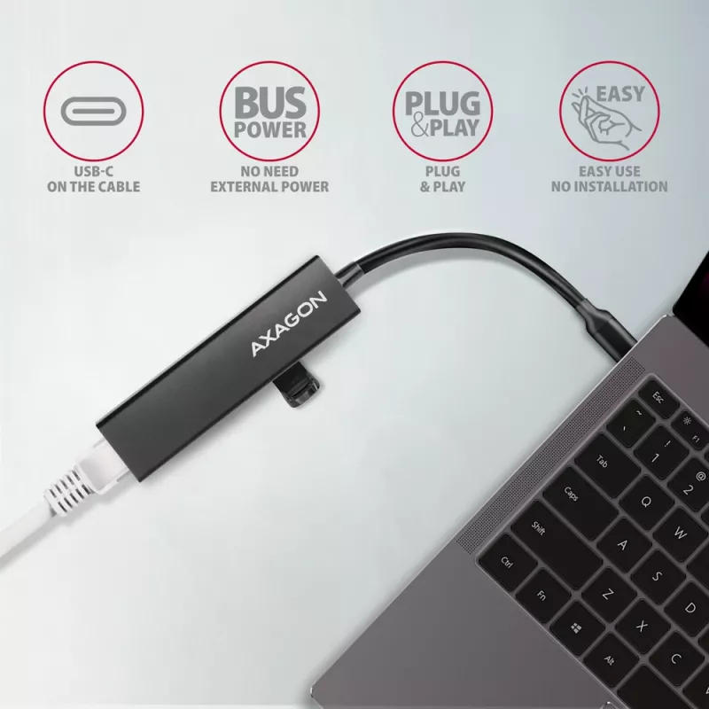 Hub USB-C Axagon HMC-GL3A 3x USB-A Gbit-LAN preto