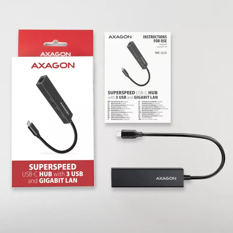 Hub USB-C Axagon HMC-GL3A 3x USB-A Gbit-LAN preto