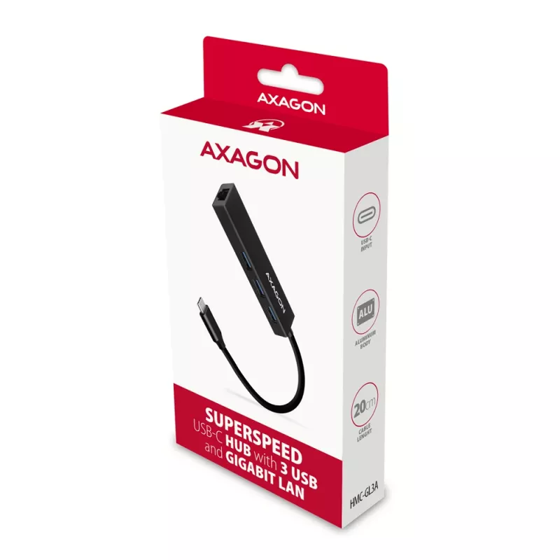 Hub USB-C Axagon HMC-GL3A 3x USB-A Gbit-LAN preto