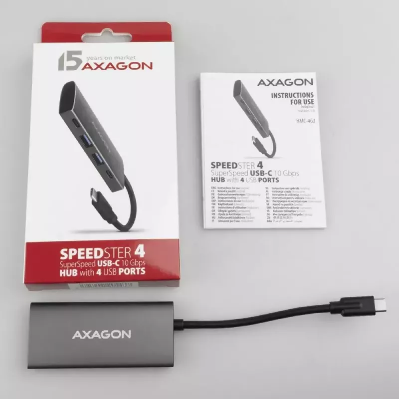 AXAGON HMC-4G2, hub USB-C 3.2 Gen 2 10 Gb/s, portas 2x USB-A + 2x USB-C, cabo USB-C 13cm
