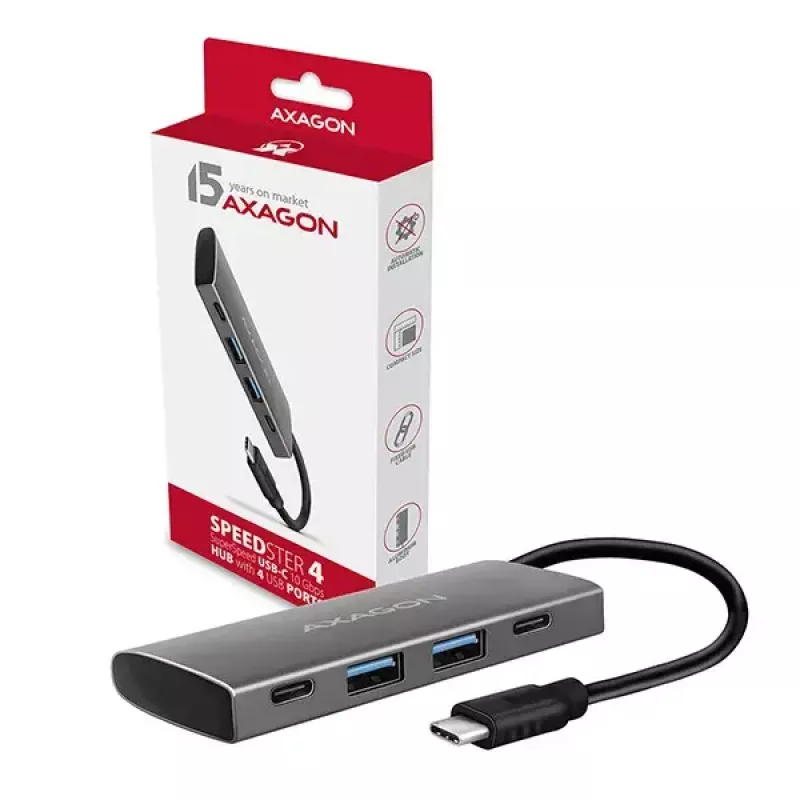AXAGON HMC-4G2, hub USB-C 3.2 Gen 2 10 Gb/s, portas 2x USB-A + 2x USB-C, cabo USB-C 13cm