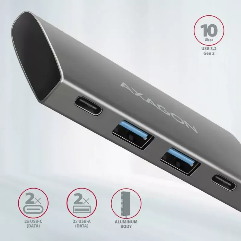 AXAGON HMC-4G2, hub USB-C 3.2 Gen 2 10 Gb/s, portas 2x USB-A + 2x USB-C, cabo USB-C 13cm
