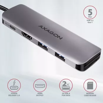 Hub Axagon HMC-5 USB 3.2 Gen 1, 2x USB-A, HDMI, SD/microSD, PD 100W, cabo USB-C de 20 cm