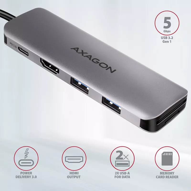 Hub Axagon HMC-5 USB 3.2 Gen 1, 2x USB-A, HDMI, SD/microSD, PD 100W, cabo USB-C de 20 cm