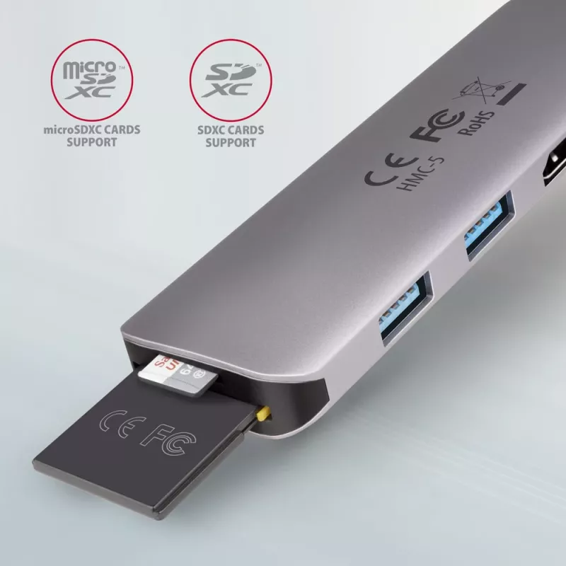 Hub Axagon HMC-5 USB 3.2 Gen 1, 2x USB-A, HDMI, SD/microSD, PD 100W, cabo USB-C de 20 cm