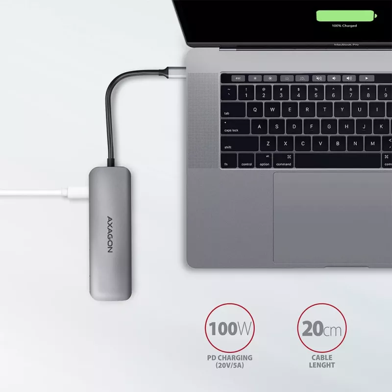 Hub Axagon HMC-5 USB 3.2 Gen 1, 2x USB-A, HDMI, SD/microSD, PD 100W, cabo USB-C de 20 cm