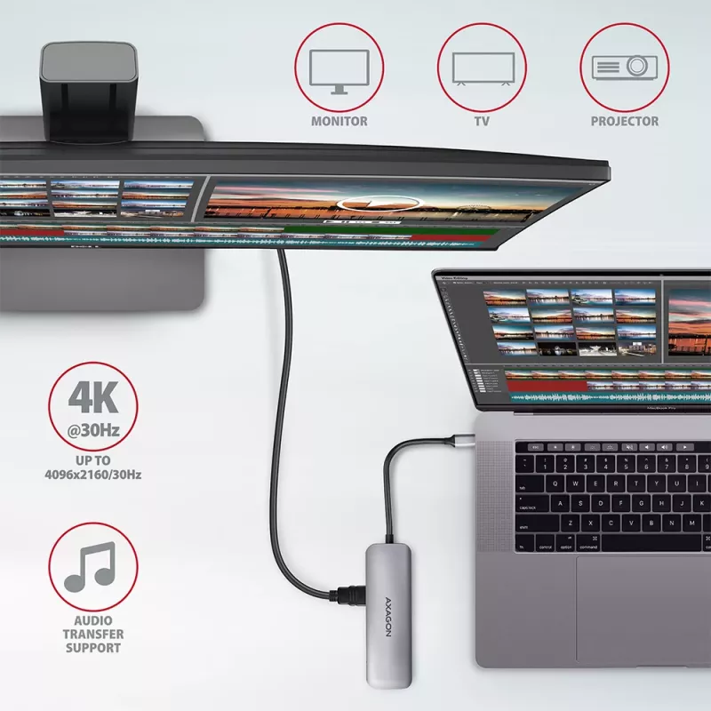 Hub Axagon HMC-5 USB 3.2 Gen 1, 2x USB-A, HDMI, SD/microSD, PD 100W, cabo USB-C de 20 cm